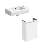 Umywalka kompaktowa Selnova Compact B45 cm, H14.5 cm, T25 cm, krótka, z powierzchnią odkładczą po lewej stronie, z przelewem, z otworem na baterię po prawej stronie Szafka pod małą umywalkę Selnova Compact, z jednymi drzwiami, krótka: 41.2x60.5x20.1cm, Szerokość umywalki=45cm, biały / lakierowany jedwabny połysk